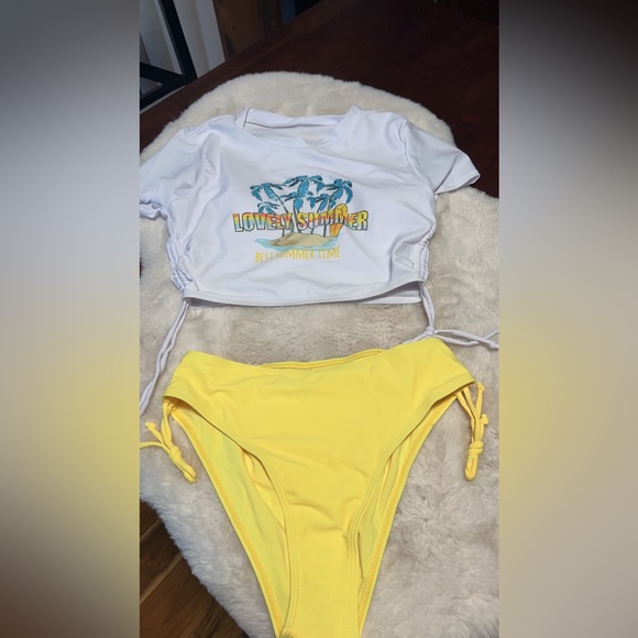 SHEIN Slogan Graphic Drawstring Side Bikini Swimsuit.  2 piece yellow and white - Picture 7 of 7